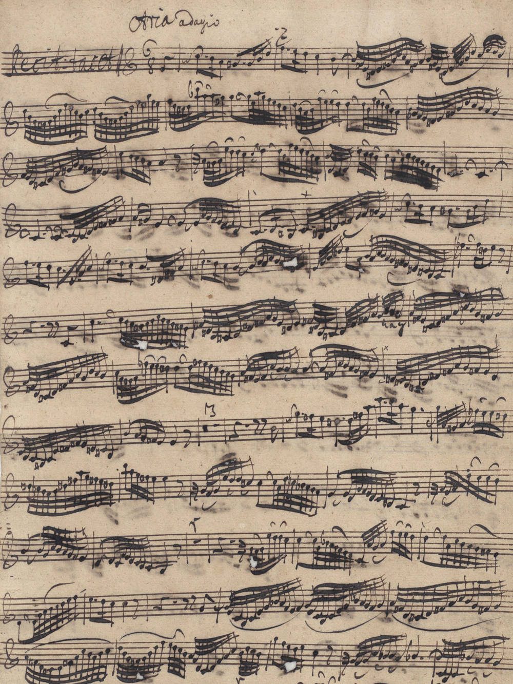 Autograph manuscript of the obbligato piccolo violino part of the first soprano-bass aria, one of the few surviving instrumental parts written by Bach, from the archives of the Thomaskirche